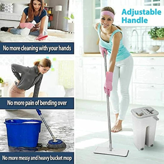 Flat Mop and Bucket Set with 2 Microfiber Pads, Self-Cleaning System, Stainless Steel Handle, Grey and White