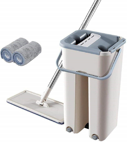Flat Mop and Bucket Set with 2 Microfiber Pads, Self-Cleaning System, Stainless Steel Handle, Grey and White
