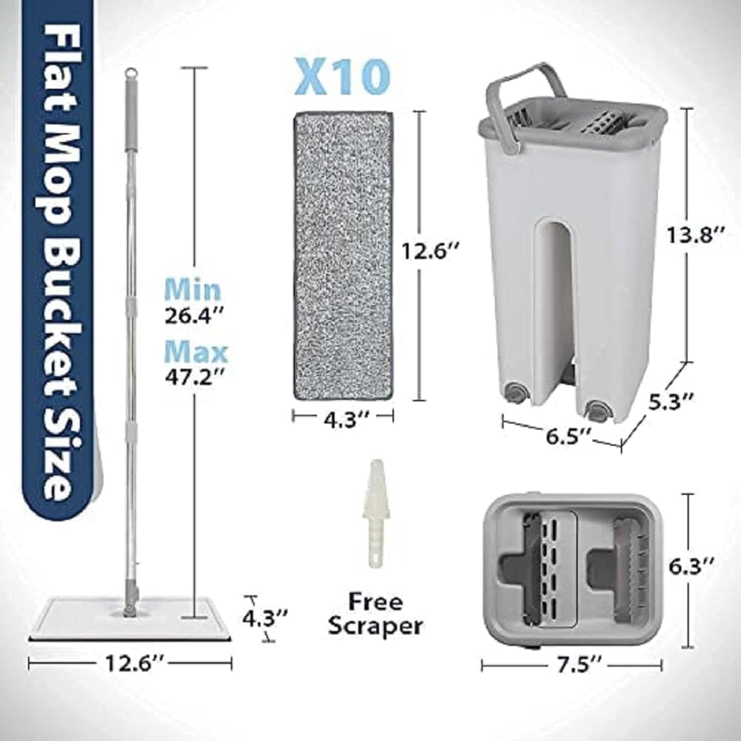 Flat Mop and Bucket Set with 2 Microfiber Pads, Self-Cleaning System, Stainless Steel Handle, Grey and White