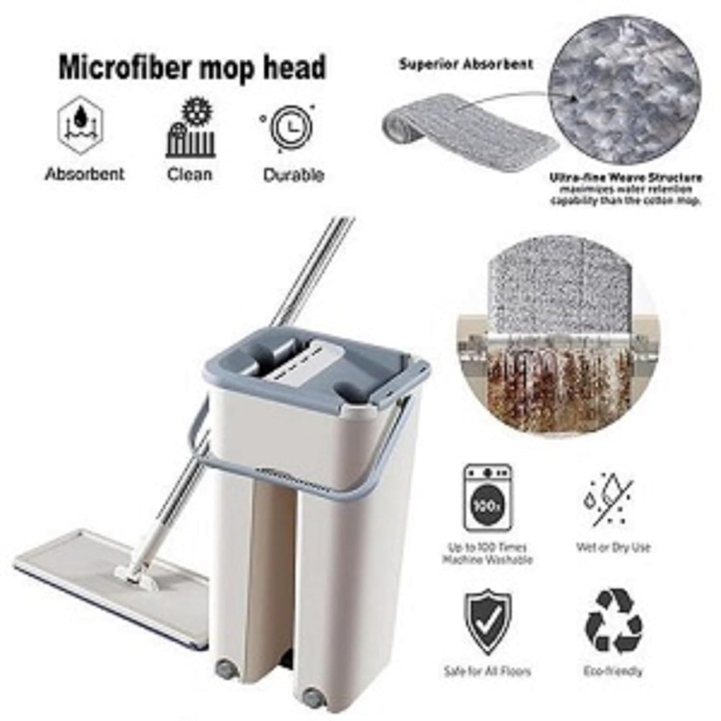 Flat Mop and Bucket Set with 2 Microfiber Pads, Self-Cleaning System, Stainless Steel Handle, Grey and White