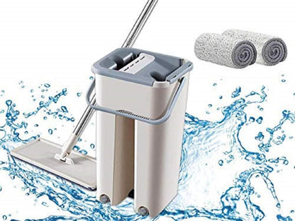 Flat Mop and Bucket Set with 2 Microfiber Pads, Self-Cleaning System, Stainless Steel Handle, Grey and White