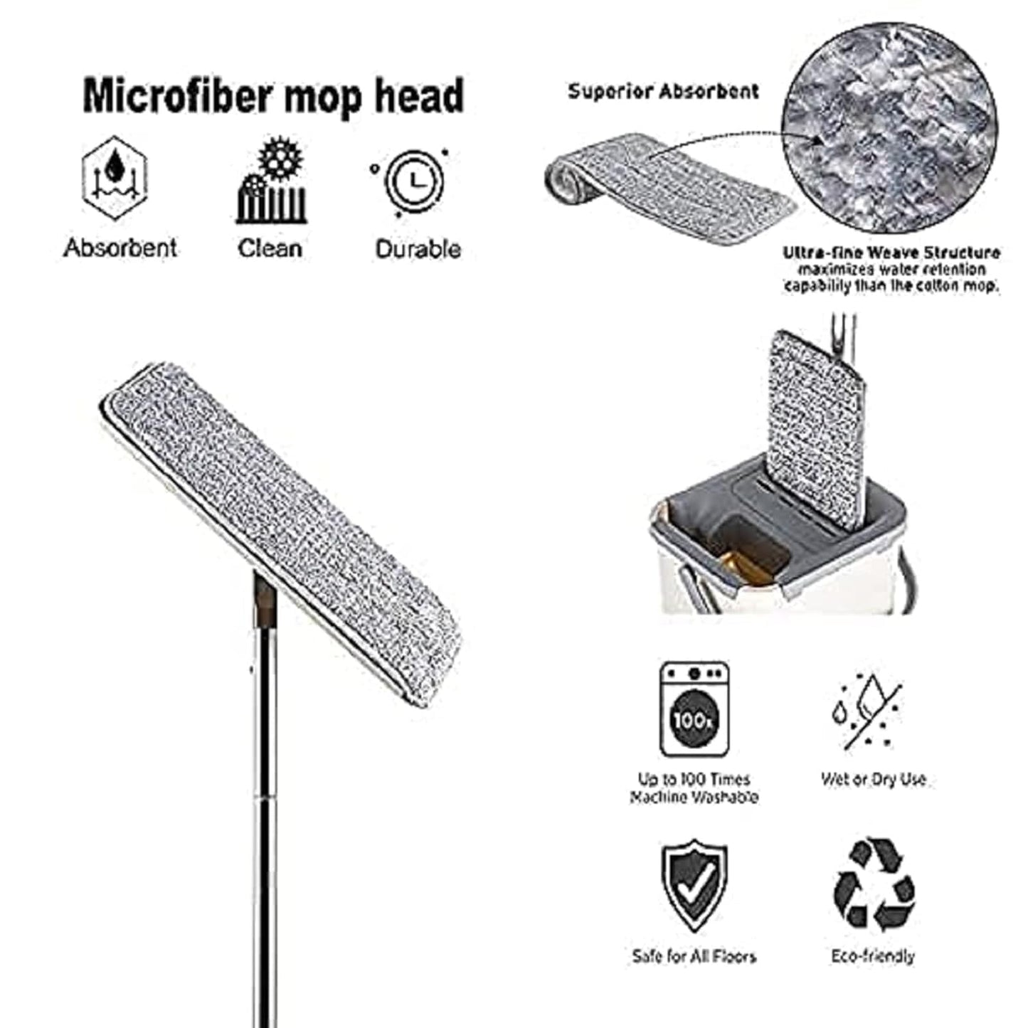 Flat Mop and Bucket Set with 2 Microfiber Pads, Self-Cleaning System, Stainless Steel Handle, Grey and White