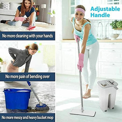 Flat Mop and Bucket Set with 2 Microfiber Pads, Self-Cleaning System, Stainless Steel Handle, Grey and White